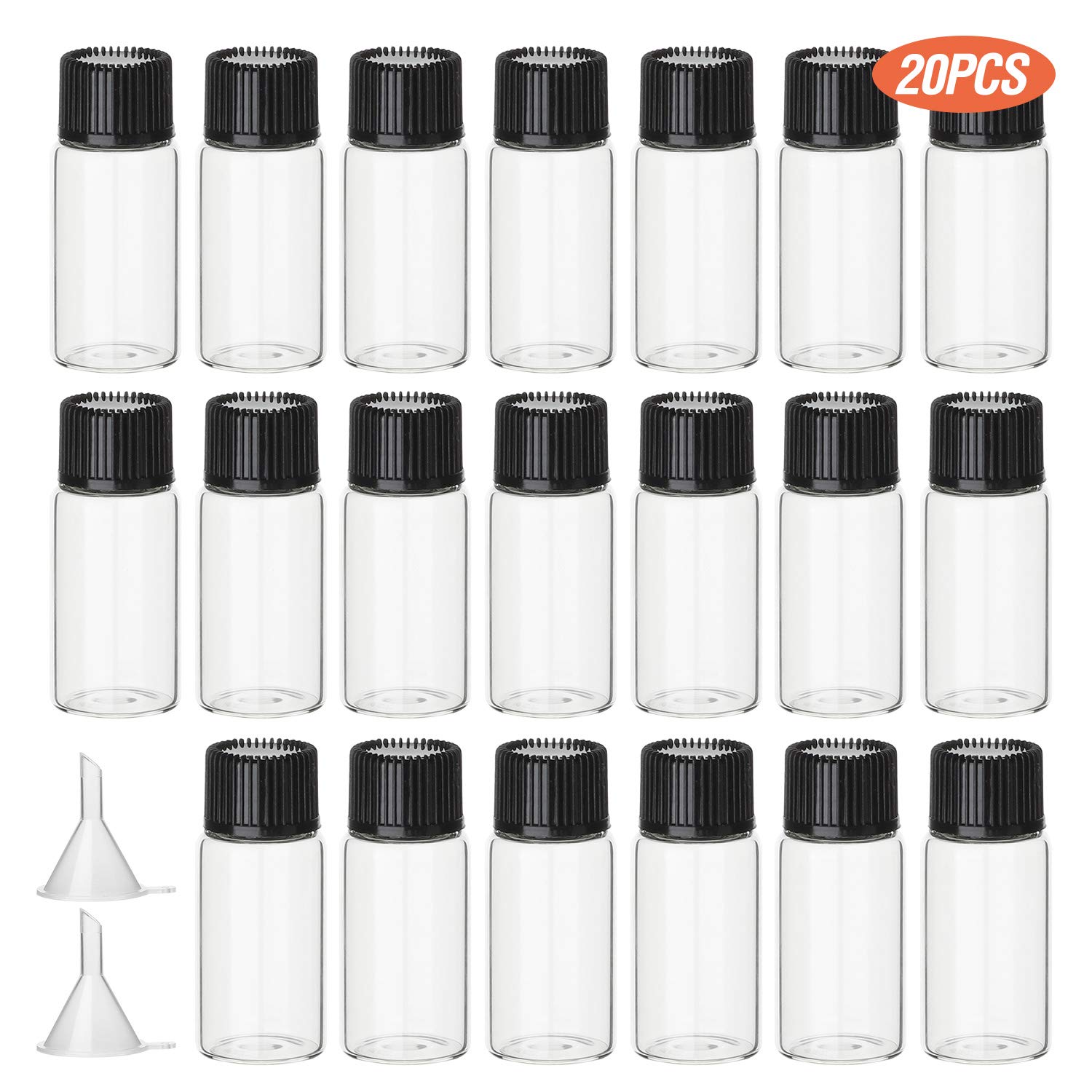 Hyber&Cara 20 Pcs 5ml Clear Glass Bottles Small Empty Sample Vials with Screw Cap, Bonus 2 Pcs Mini Funnels
