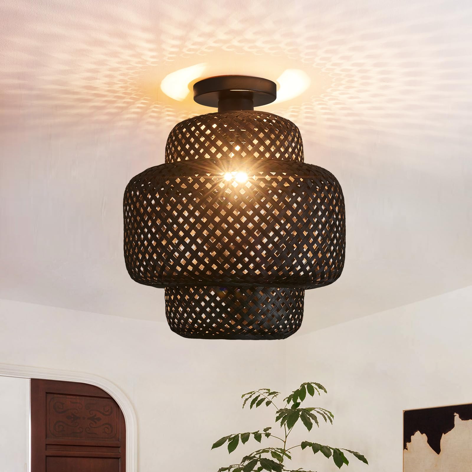Photo 1 of Hand-Woven Rattan Semi Flush Mount Ceiling Light, Boho Light Fixtures Ceiling Mount, Bamboo Light Fixture With Basket LampShade, Black Rattan Light Fixtures Boho Chandelier for Farmhouse Bedroom