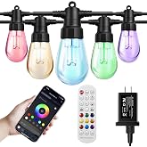 LSODLX Outdoor String Lights 48FT, Color Changing Patio Lights, Waterproof | Dimmable,Multicolor &amp; Warm White, 15 Shatterproof LED Bulbs,IP67 Waterproof, Custom Colors, Timer, Replaceable LED Chips, 24V