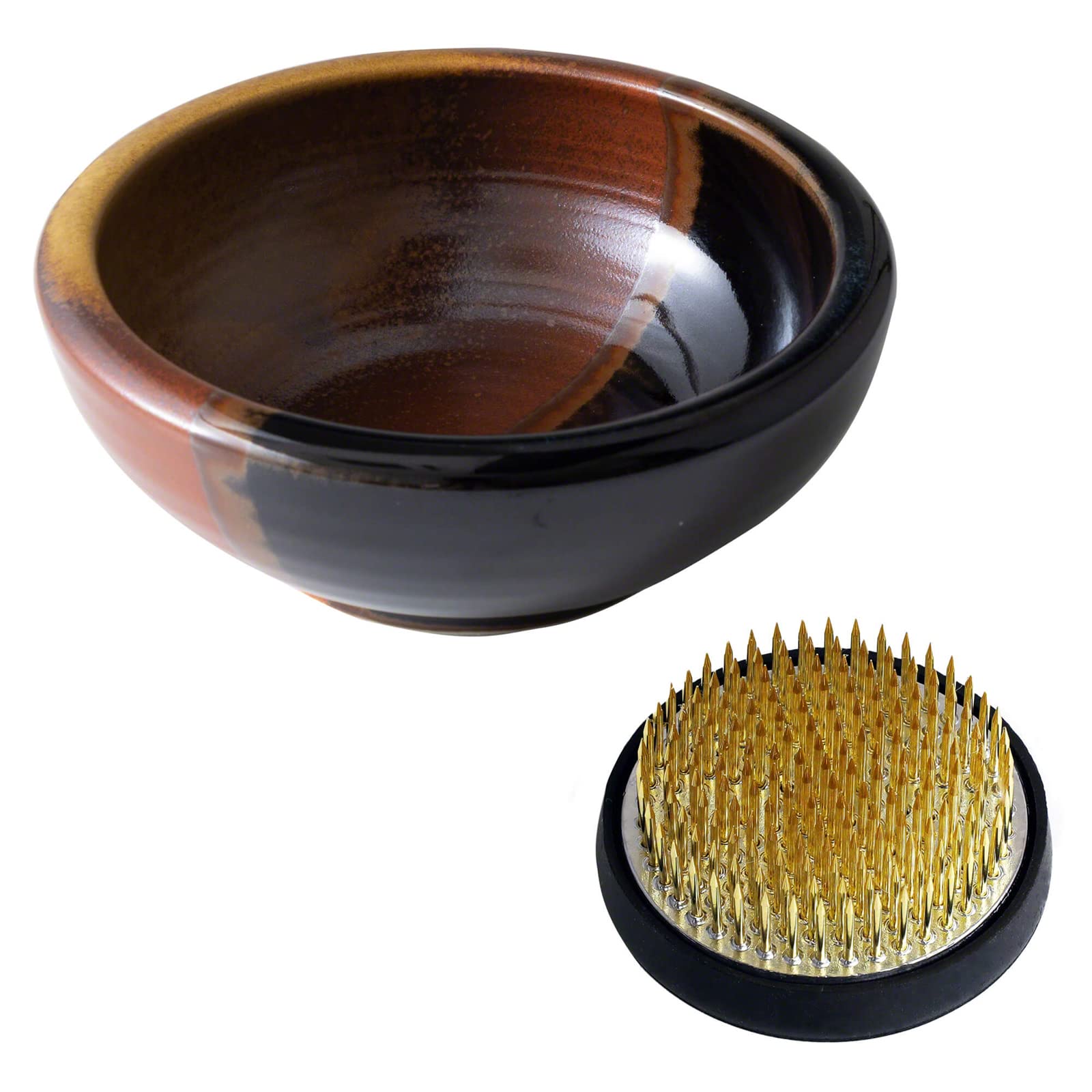 Wazakura Minoyaki Series Japanese Ikebana Essential Tool Kit - Small Round Ceramic Flower Vase and Kenzan Pin Frog for Floral Arranging (Black & Red Vase + 61mm Brass Kenzan) — image 1