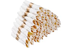 Goodluck 50 Pack Pre Rolled Gold Plastic Silverware, Wrapped Plastic Cutlery Set with Napkin Include 50 Forks, 50 Knives, 50 Spoons and 50 Napkins, Fancy Disposable Silverware for Party, Wedding