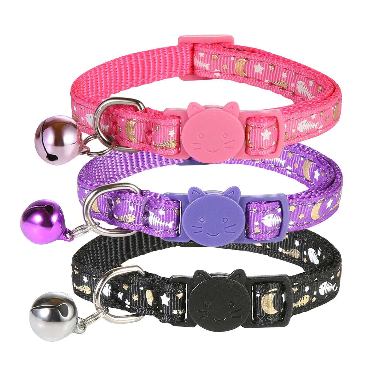 SLSON 3 Pack Cat Collar Breakaway Kitten Collar with Bell Moon Star and Fish Bone Pattern Cat Collars Glow in Dark Adjustable from 18-28cm, Purple, Pink, Black