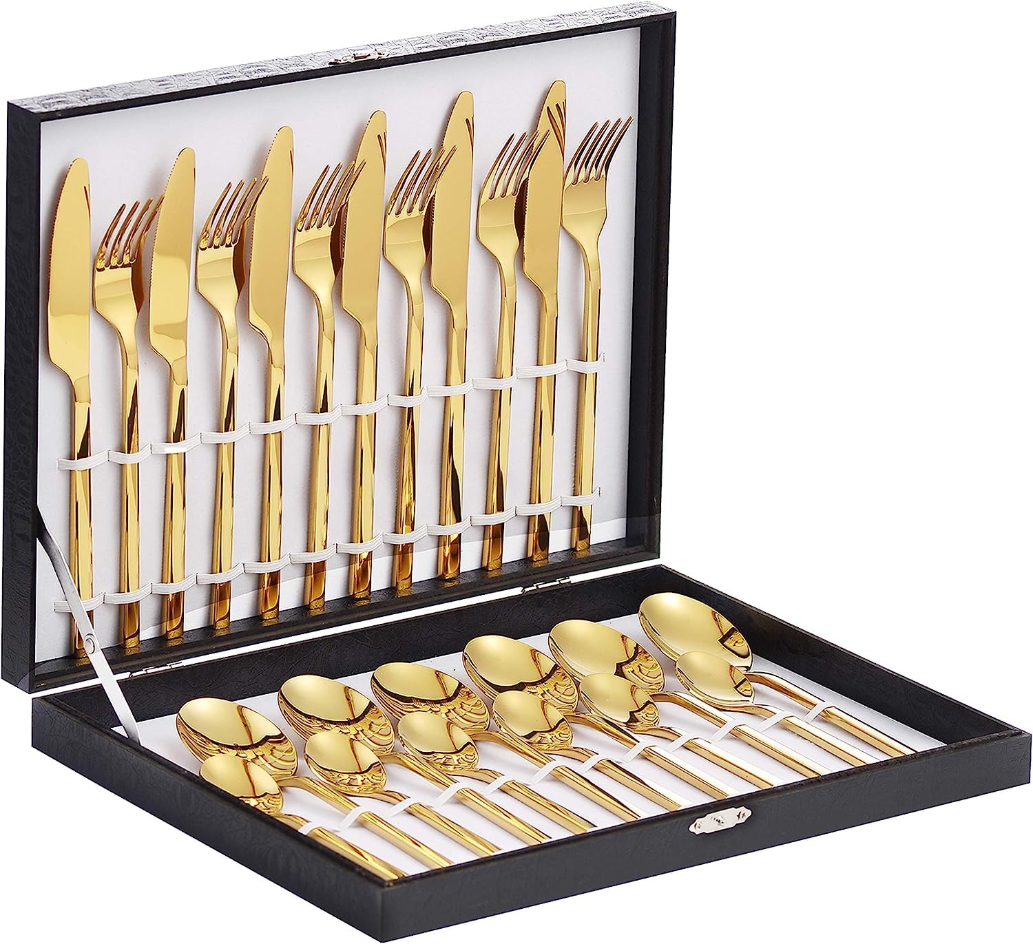Velaze 24-Piece Gold Silverware Set Cutlery Set, Stainless Steel Cutlery Set for 6 People Include Dinner Spoon, Dinner Fork, Dinner Knife and Tea Spoon, with Gifts Box