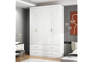 MOUMON 4 Door Wardrobe Closet with 4 Drawers & Shelves, Armoire Wardrobe Closet with Hanging Rod, Top Cube Storage, Closet for Bedroom White and Gold (63”W x 20.6”D x 93.9”H)