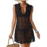 BreathSunny Womens Crochet Swimsuit Coverup Dresses Summer 2025 Polo Collar V Neck Beach Bathing Suit Cover Up Mini Dress