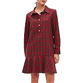 Women's Plaid Tunic Dress V Neck Button Down Collar Mini Dress Flowy Swing Shift Christmas Dress Red