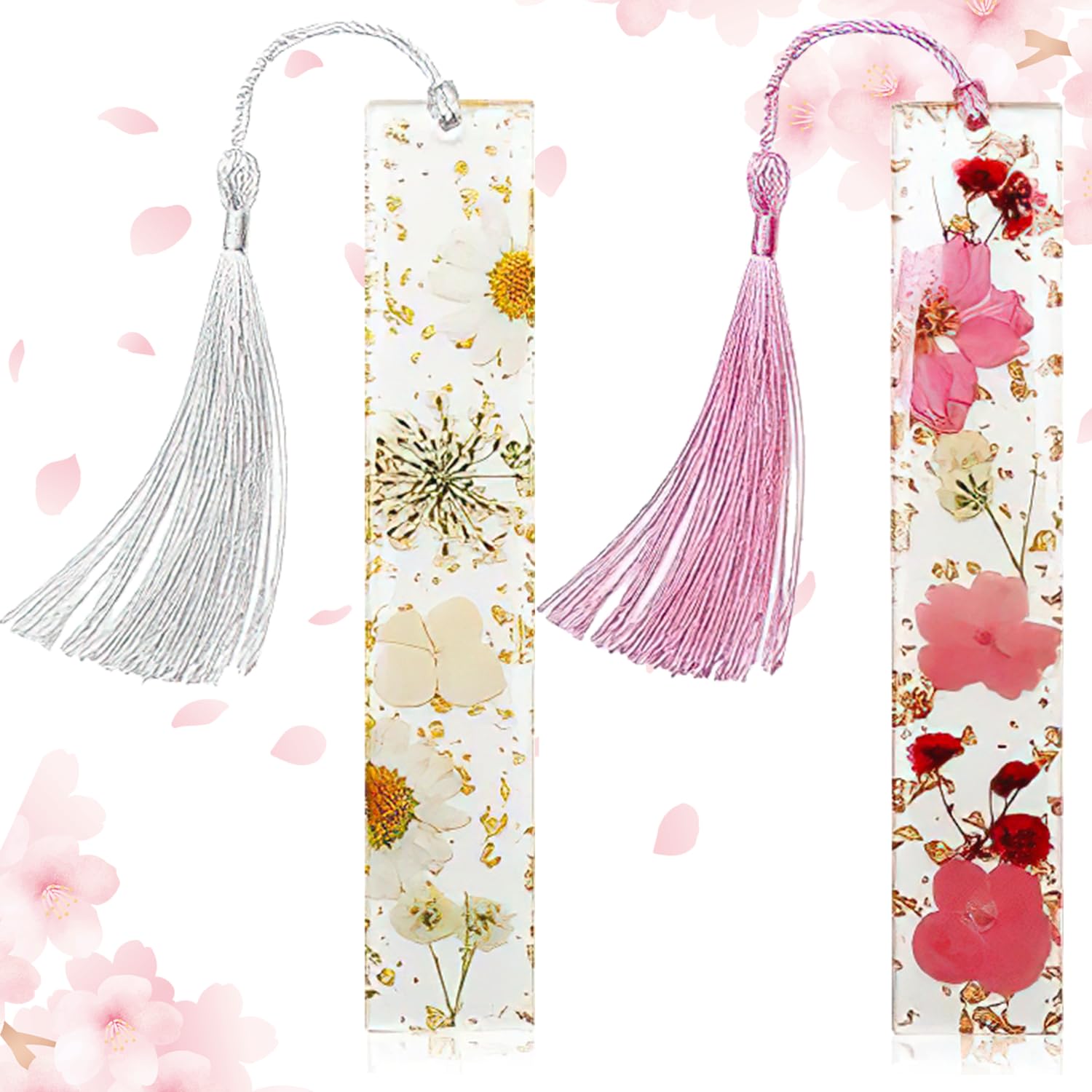2 Pcs Dried Flower Bookmark with Tassel, Clear Resin Floral Bookmarks Handmade Cute Book Mark Pretty Gift for Reader Teacher Student Gift (Pink+White)