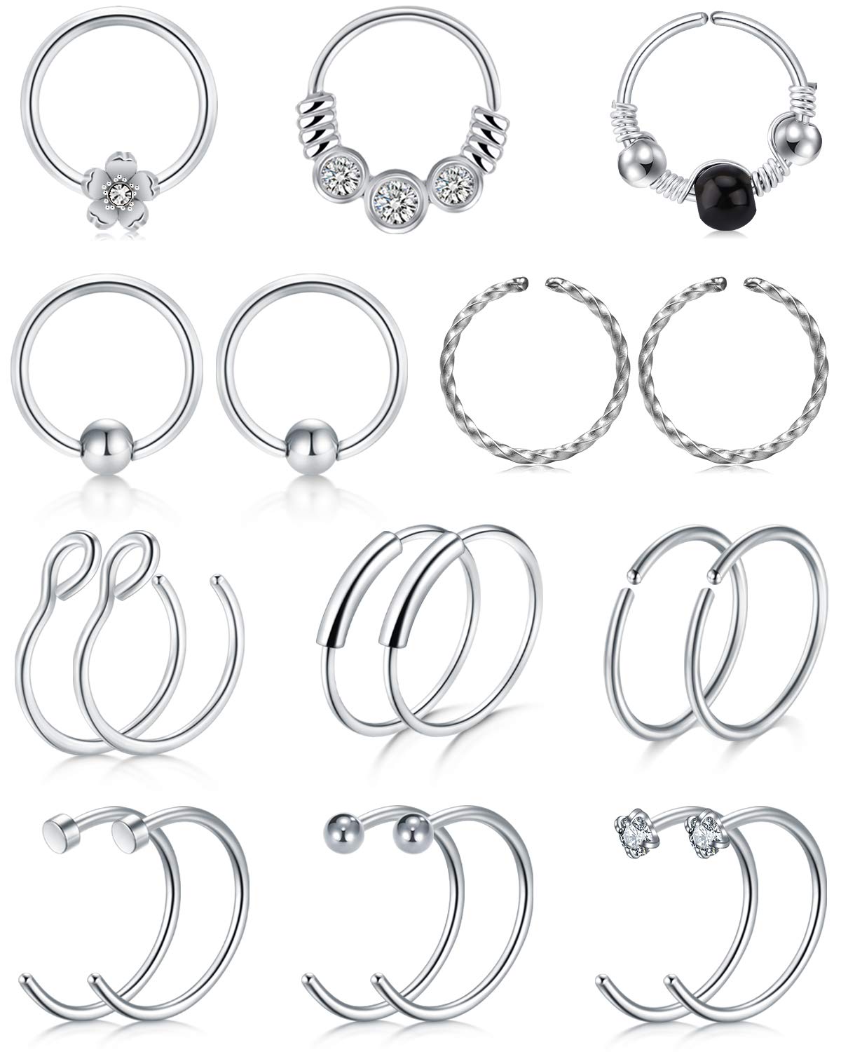LAURITAMI Nose Studs Rings Nose Piercings Set Nose Screw Pin Thin Hoops with Bone L Shaped Opal Crystal Piercing Jewellery Surgical Steel 20G 8mm