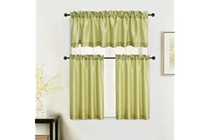 WPM WORLD PRODUCTS MART Faux Silk Kitchen Curtain Valance Set 36 Inch Long Tier Cafe Curtains Rod Pocket for Living Room Bedroom Bathroom Farmhouse Rustic Country Windows 3 Piece Set (Sage)