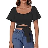 Rooscier Women's Ruched Wrap Ruffle Flare Short Sleeve Square Neck Self Tie Crop Top Blouse