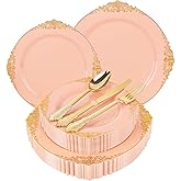 Joyido 125PCS Peachy Pink Plastic Plates - Elegant Pink and Gold Dinnerware Set - Heavy Duty Disposable Plates with Gold Silverware Sets for 25 Guests for Wedding & Easter & Bridal Shower
