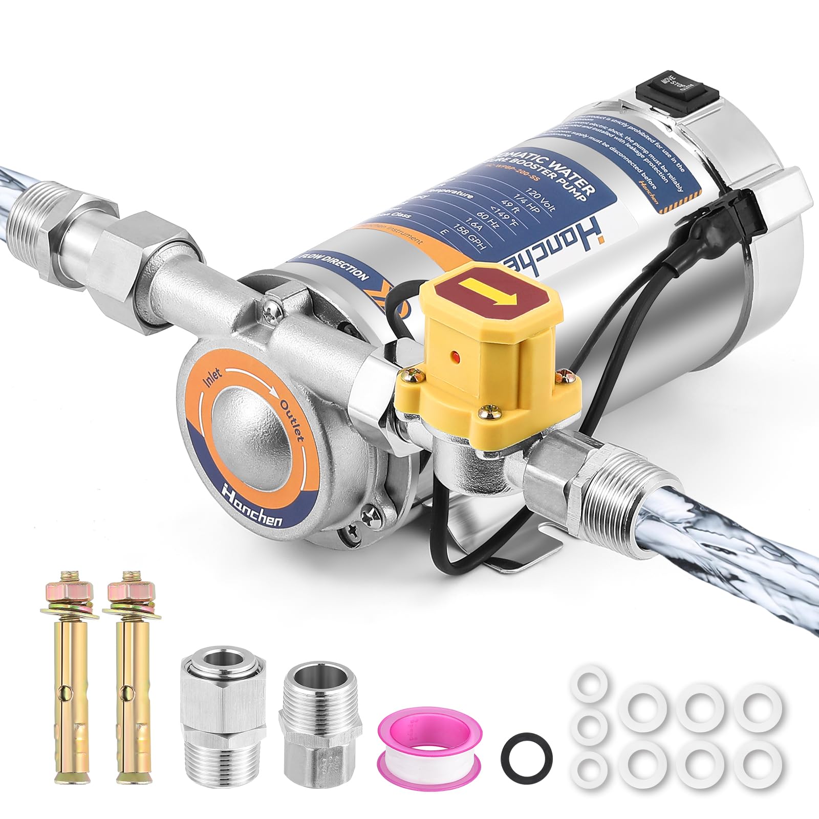 Hanchen Bomba de refuerzo de presión de agua SUS 304, cabezal de bomba, bomba de refuerzo automática para el hogar de 1/4 HP con interruptor de flujo