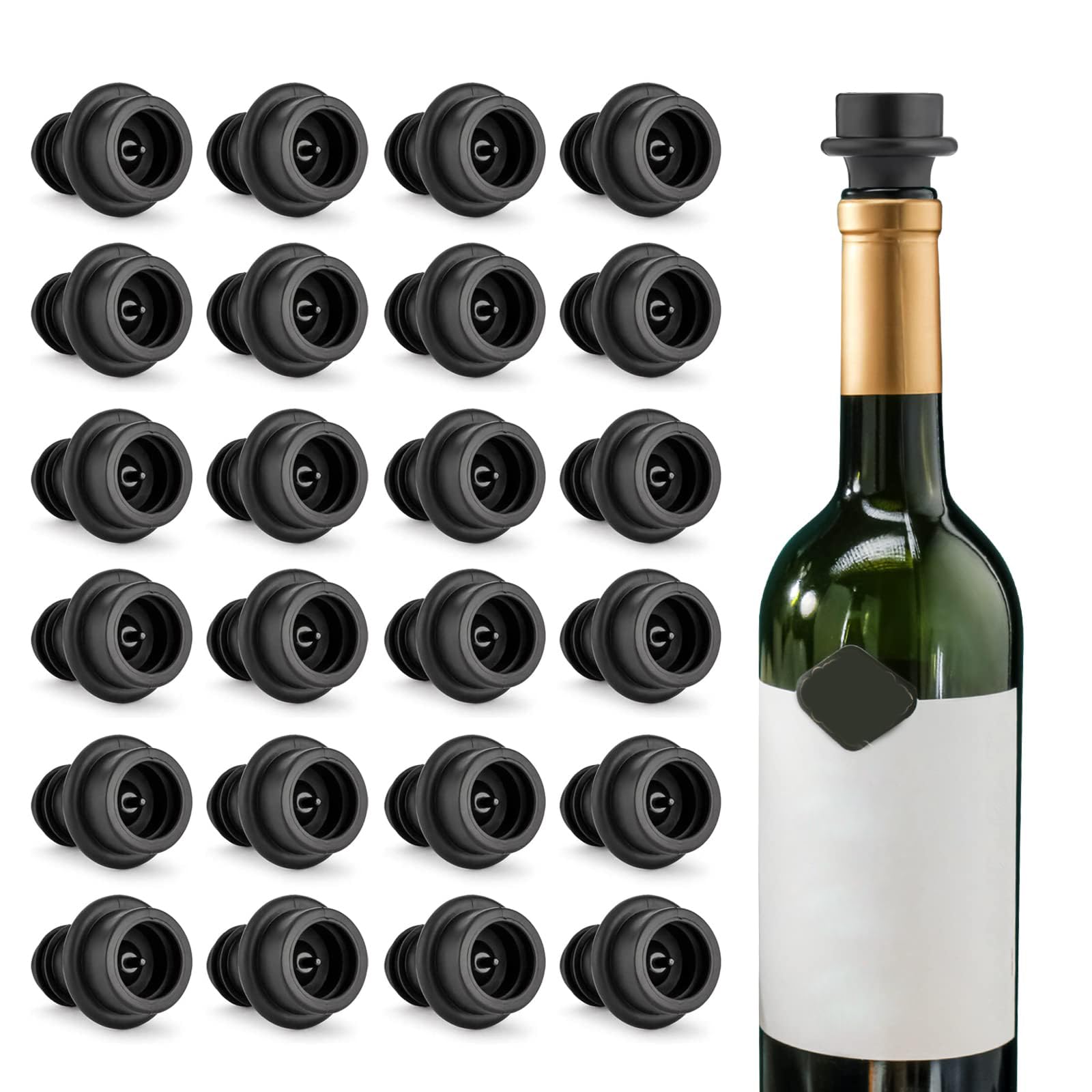 WOTOR Wine Stoppers Vacuum, Silicone Wine Saver & Preserver, Reusable Bottle Sealer, Keep Fresh (Black, 24 Pieces)