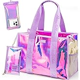 Bagstellar Iridescent Beach Tote Bags for Women, Large Zipper Beach Pool Swim Bag with Makeup Bag & Waterproof Phone Pouch | Waterproof Sandproof, Adjustable Strap, Packable, Foldable, Travel Tote Bags, Vacation Essentials, Gift for Women