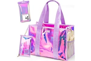 BAGSTELLAR Beach Bag for Women Clear Iridescent Zipper Pool Swim Beach Tote Bag w/Makeup Bag & Waterproof Phone Pouch Summer Essentials