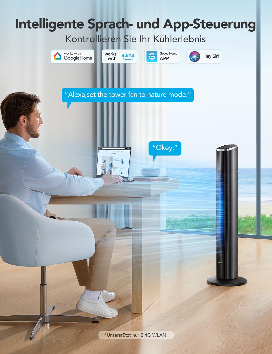 GoveeLife Intelligente leiser Turmventilator, 75° Oszillierende Ventilatoren mit App- und Sprachfernbedienung, 6.3m/s Geschwindigkeit 8 Geschwindigstufen 5 Modi 24 Std-Timer, mit Kühlung 2