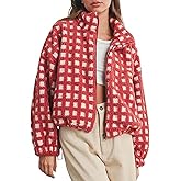 Mxiqqpltky Plaid Fleece Jacket Women Causal Fuzzy Long Sleeve Zip Up Crop Sherpa Jacket Y2K Chunky Oversized Coats Outerwear