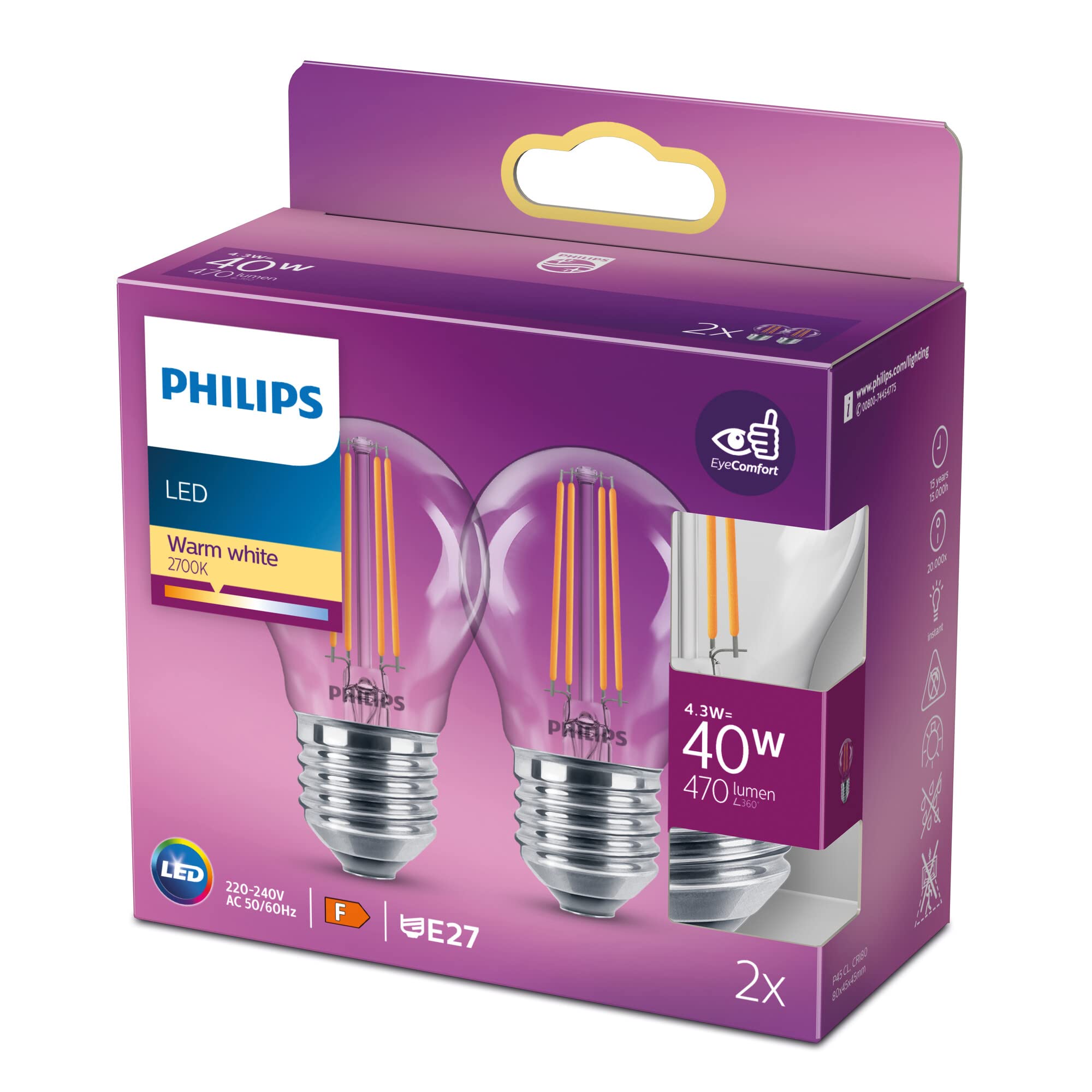 Philips LED Premium Lustre Light Bulb [E27 Edison Screw] 4.3W - 40W Equivalent, Warm White (2700K), 2 Count (Pack of 1)