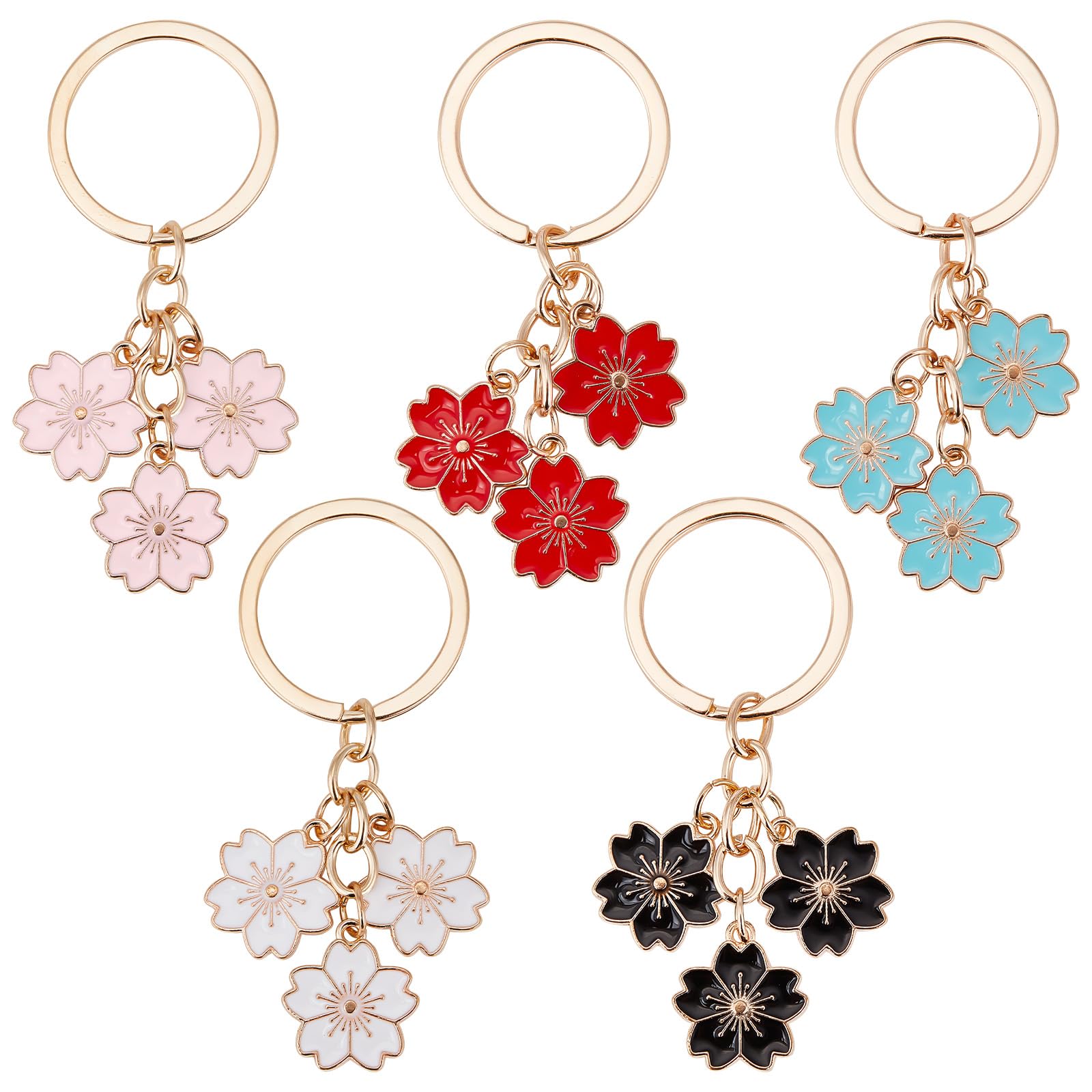 CRASPIRE 5 Color Sakura Enamel Keychain Flower Key Chain Alloy Hanging Pendant Floral Colorful Charm Keyrings for Purse Earphone Bag Wallet Backpack Decorations Party Favors Bulk
