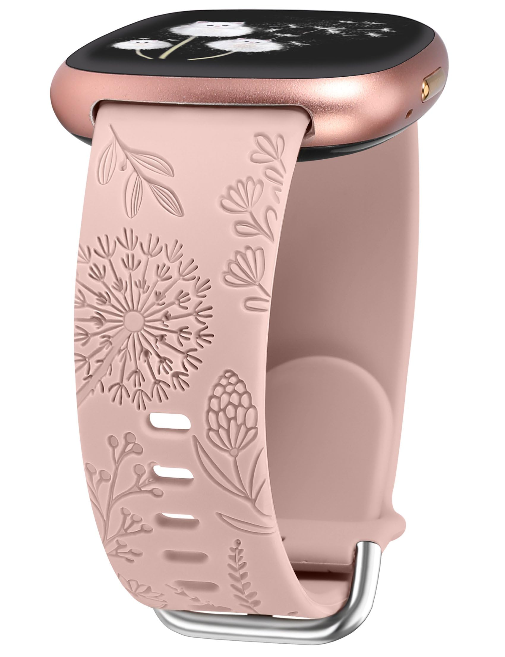 TOYOUTHS Dandelion Floral Engraved Strap Compatible with Fitbit Versa 4/Fitbit Sense 2/Fitbit Versa 3/Fitbit Sense Straps, Women Soft Silicone Flower Pattern Sport Strap for Versa 4, Pink