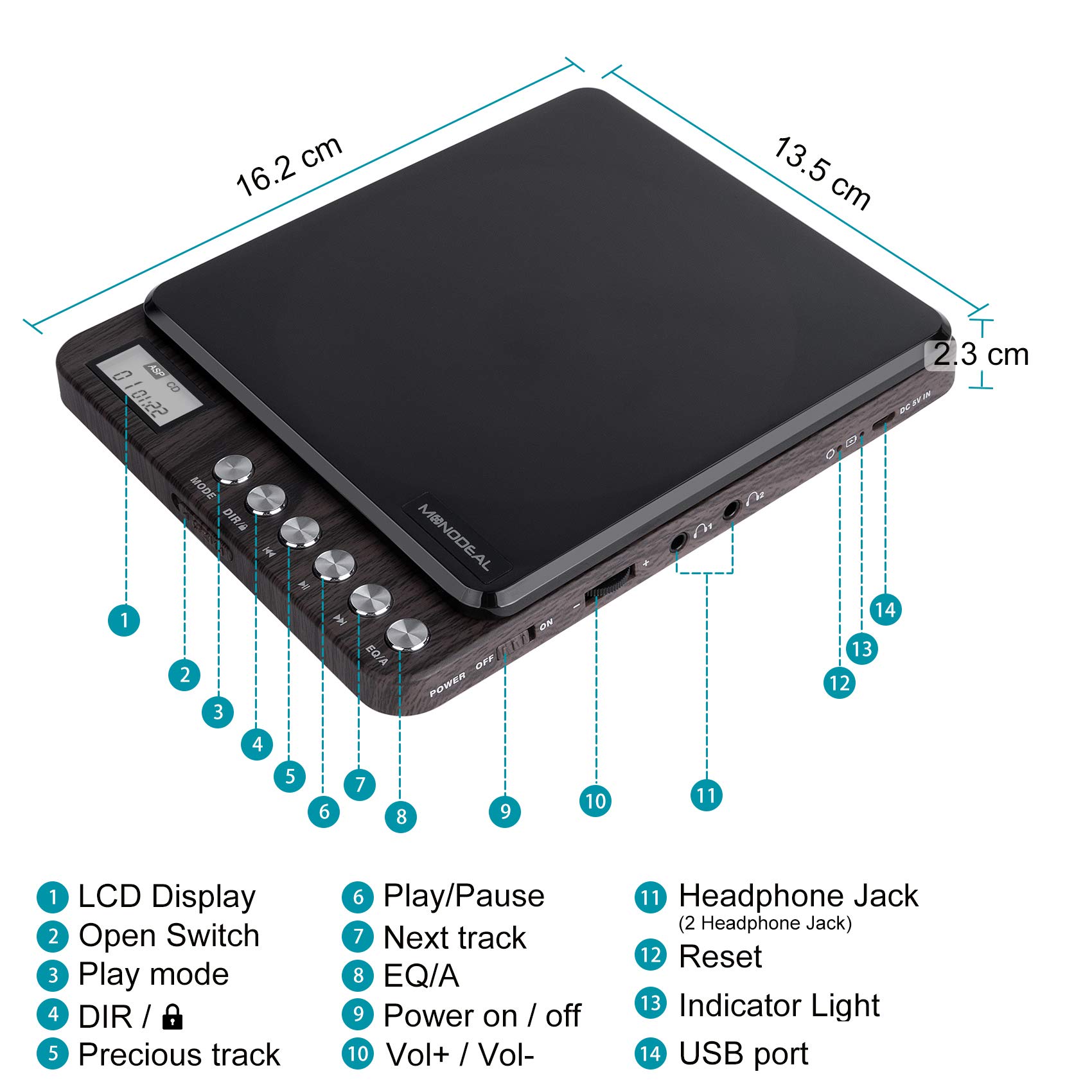 CD Player Portable, MONODEAL Portable Rechargeable Player with Dual Headphones Jack, Small Anti-Skip CD Player for Car/Travel/Home, Personal CD Player for Adults Kids (Dark Brown)