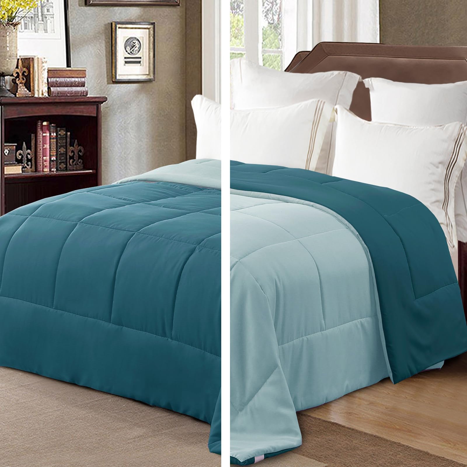 Exclusivo Mezcla 7.5 Tog Single Size Duvet All Seasons, Ultra Soft Reversible Coverless Duvet, Lightweight Down Alternative Comforter, 135x200 cm Dusty Teal/Spa Blue