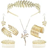 6 Pieces Greek Goddess Accessories Costume Set for Women – Gold Leaf Bridal Crown, 2 Side Combs, Necklace, Earrings, Arm Cuff& Bracelet – Toga Party, Wedding, Cosplay