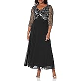 J Kara Women's Petite 3/4 Sleeve V-Neck Beaded Top Long Gown