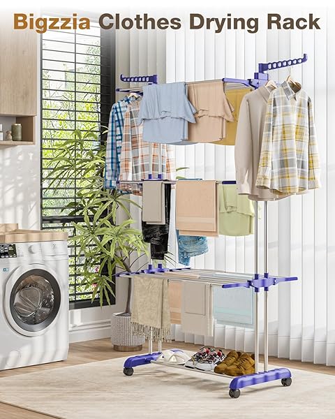 BIGZZIA CLOTHES DRYING RACK, FOLDING STAINLESS STEEL DRYING RACK CLOTHING INDOOR OUTDOOR, SPACE-SAVING, 4 TIER LAUNDRY DRYING RACK WITH TWO SIDE WINGS GREY BLUE