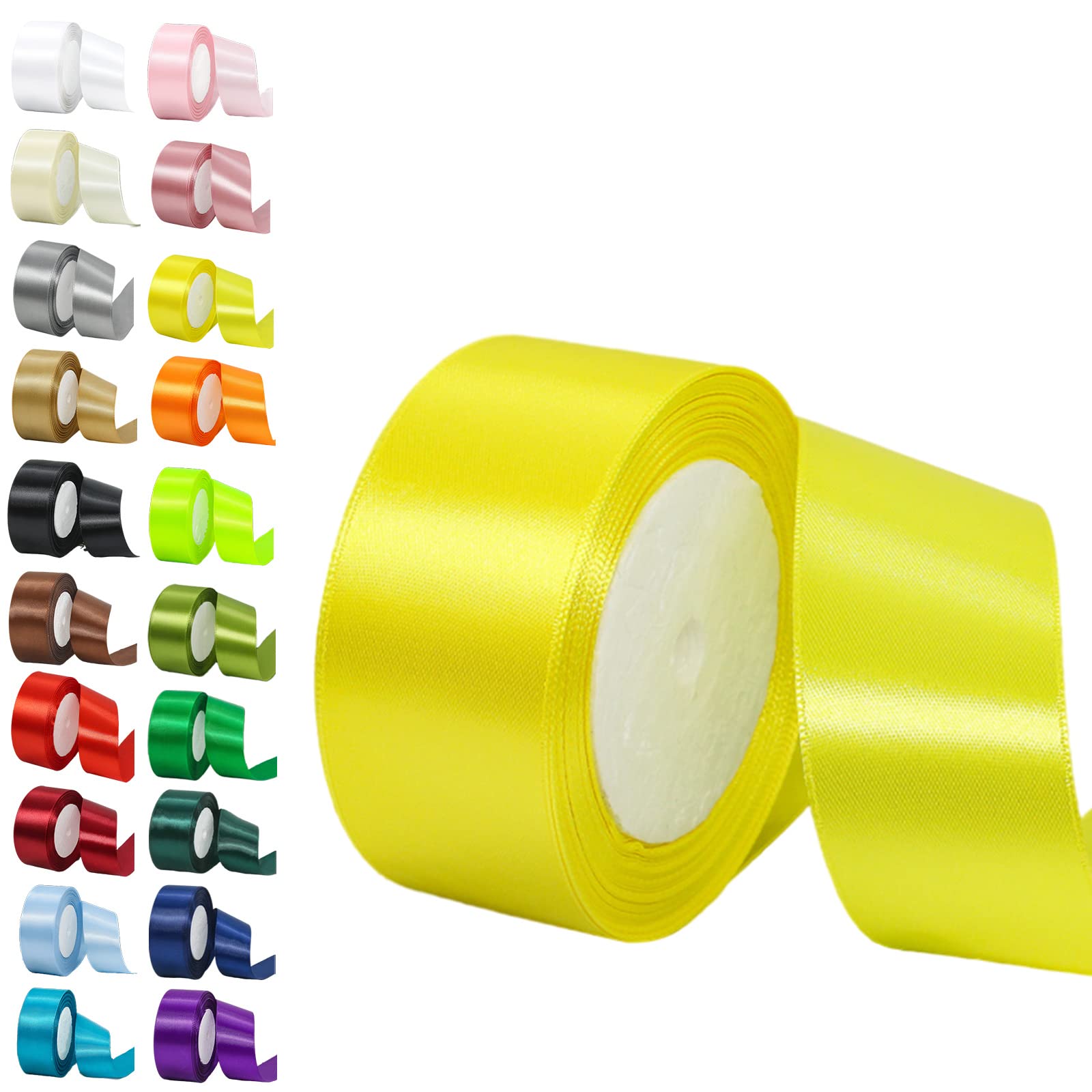50mm Wide Lemon Yellow Double Sided Satin Ribbon - 22M/2Inch Thick Fabric for Crafting, Gift Wrapping, Wedding Car, Sewing, Floral and Xmas Presents Decorative