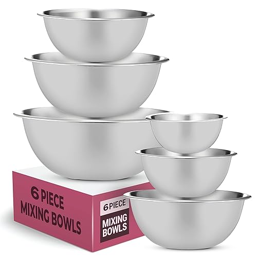 5-Piece Stainless Steel Mixing Bowls Set – Easy-Grip, Nesting Metal Bowls for Baking, Cooking, Salad, Dough & Food Prep – Dishwasher Safe, Durable, Non-Slip Base (6, White)