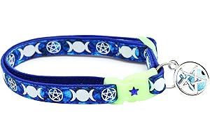 PUGS TO PERSIANS Wicca Cat Collar with Occult Charm & Bell | Witch’s Familiar on Pentacle Cat Collar | Witch Kitten Collar Charms | Glow in The Dark | Safety Breakaway Collar (Large(10lbs & Up), Sapphire)