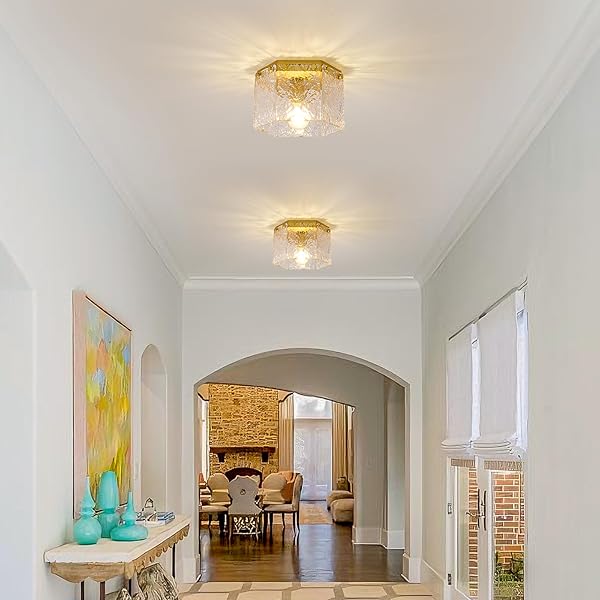MWZ 1 PACK MODERN GOLD SEMI FLUSH MOUNT CEILING LIGHT FIXTURE WITH HAMMERED GLASS SHADE, 1-LIGHT 10” FARMHOUSE DIMMABLE FLUSH MOUNT LAMP WITH HEXAGONAL METAL CHASSIS FOR KITCHEN ISLAND LAUNDRY