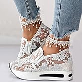 Fashion Sneakers for Women 2025, Floral Embroidery Breathable Sheer Mesh Lace Sneakers Slip on Sneakers Platform Wedge Sneakers Dressy Casual Walking Shoes (a-White, 8)