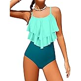 Tomolant Girls Swimsuit Color Block One Piece Swimsuit 2-Tiered Ruffle Bathing Suit Adjustable Strap Girls' Swimwear 7-16Y