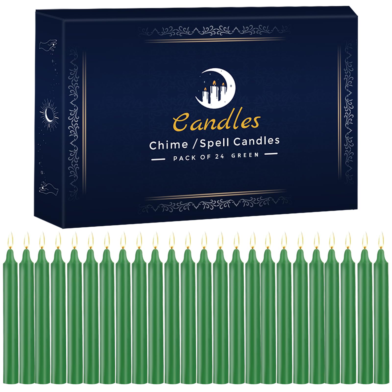Photo 1 of 24 Pack Green Spell Chime Candles – Premium Mini Unscented Taper Candles for Rituals, Prayer, Meditation, Altar, Spells – 4" Tall – Ideal for Witches & Spiritual Practices