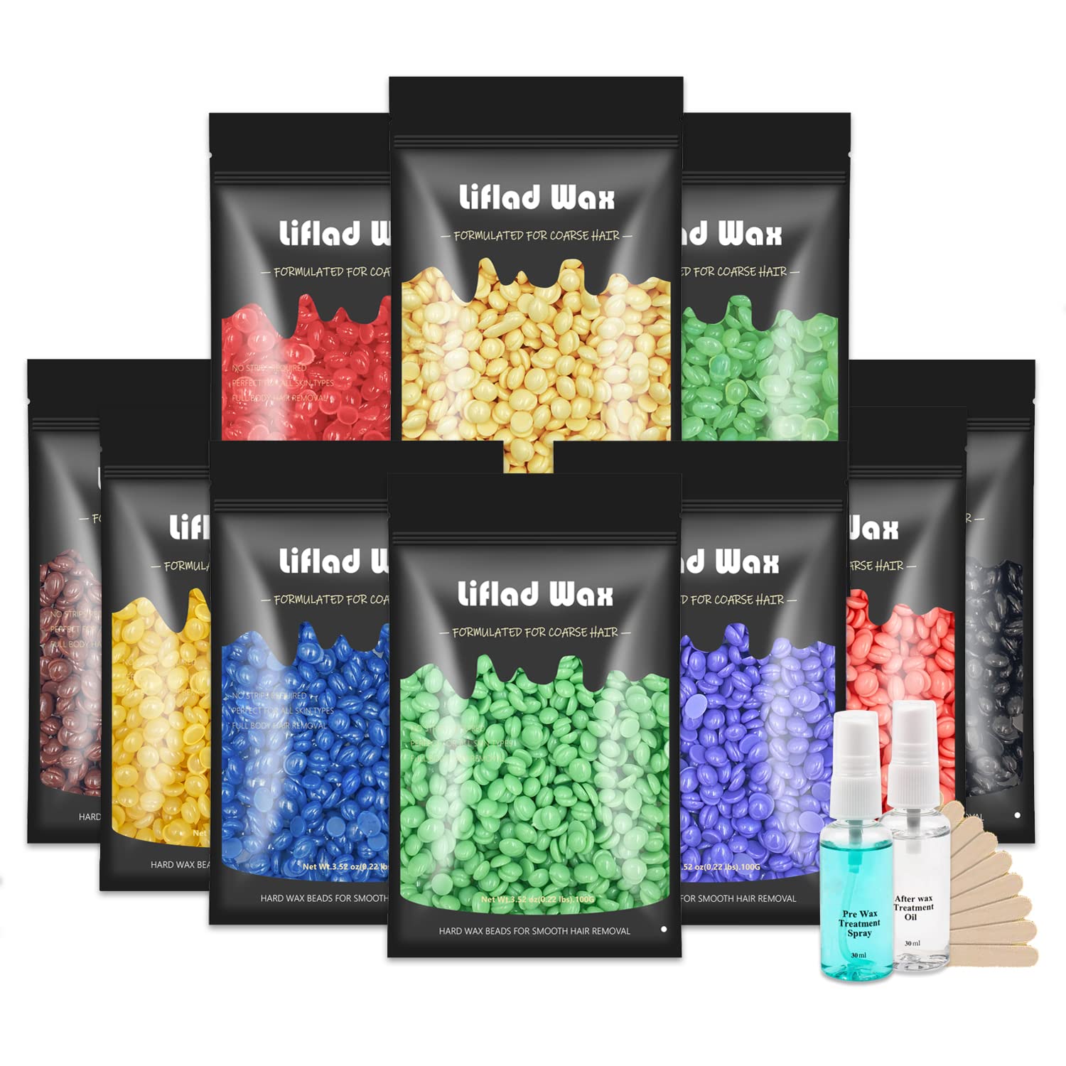 Hard Wax Beads for Coarse Hair Removal - 2.2 lb, 10 Pack Depilatory Wax Beans with Spatulas for Face, Eyebrow, Back, Chest, Bikini Areas, Legs - Refills for Any Wax Warmer