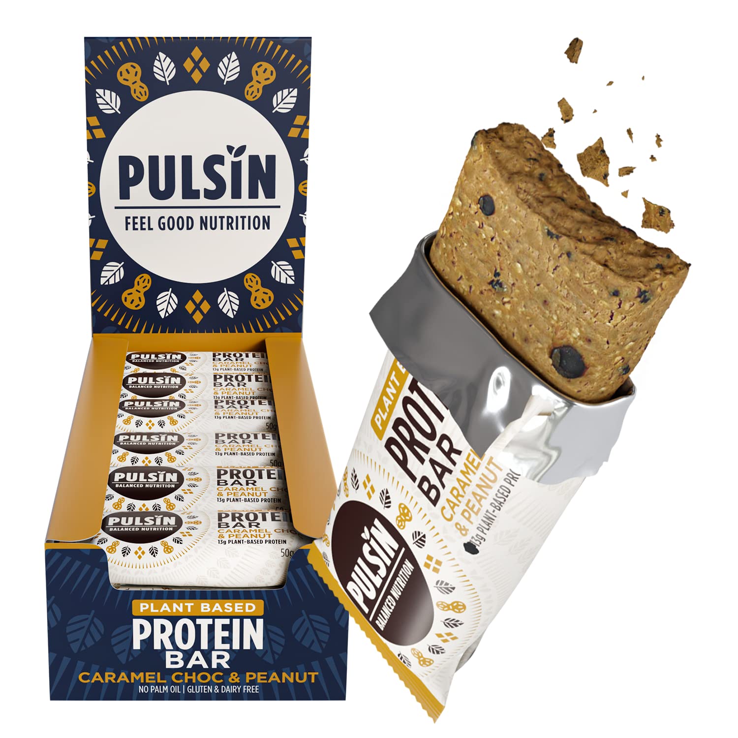 Pulsin - Caramel Choc & Peanut Vegan Protein Bars - 18 x 50g - 13g Protein, 5.1g Fibre, 240 Kcal Per Serving - Gluten Free, Plant Based, Palm Oil Free & Dairy Free Snack Bar