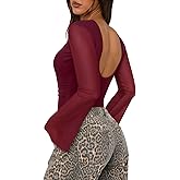 SAUNGKUAI Women's Bodysuits Backless Bell Sleeve Mesh Ruched Bodysuit Boat Neck Open Back Going Out Tops