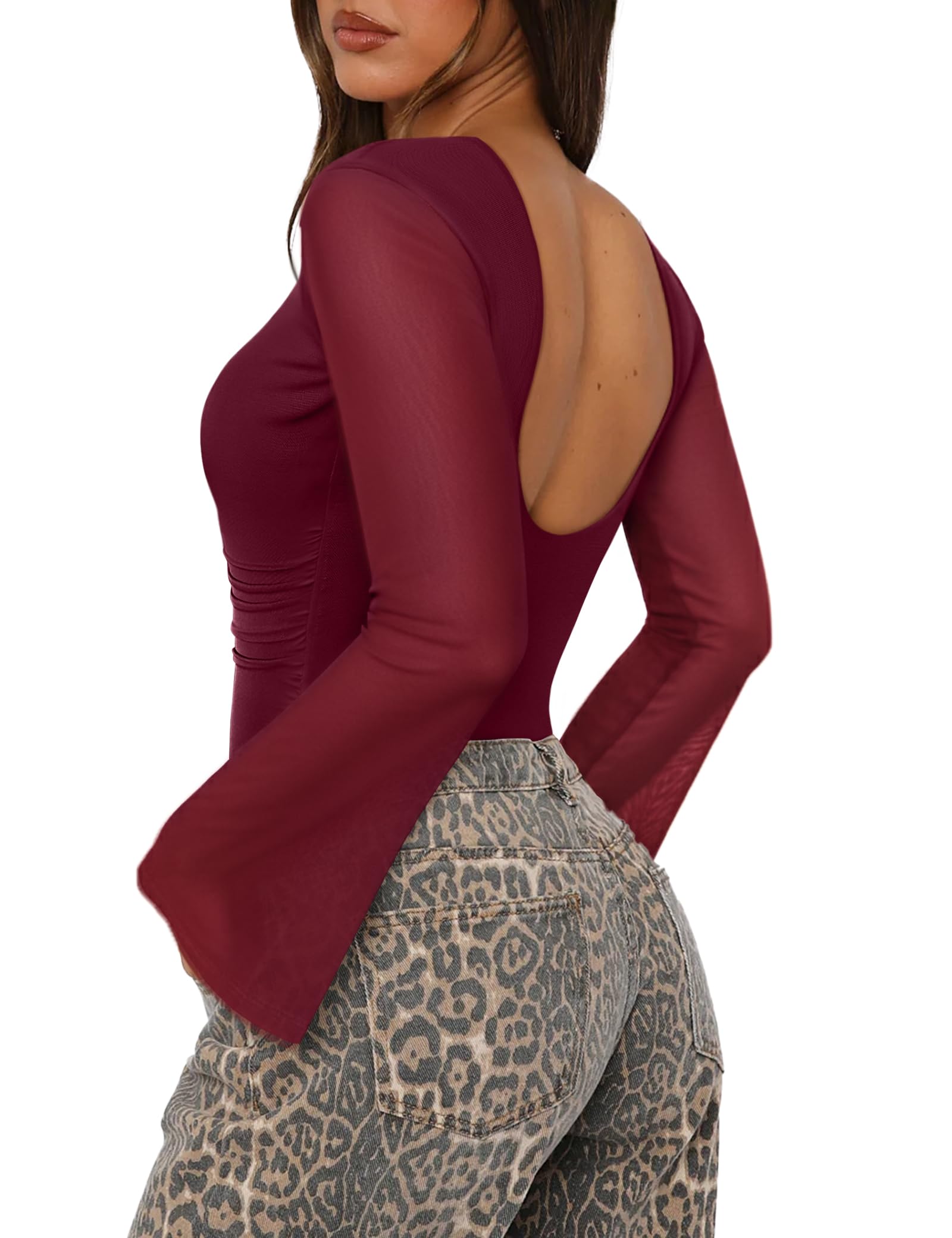 Photo 1 of SAUNGKUAI Women's Bodysuits Backless Bell Sleeve Mesh Ruched Bodysuit Boat Neck Open Back Going Out Tops Wine Red S