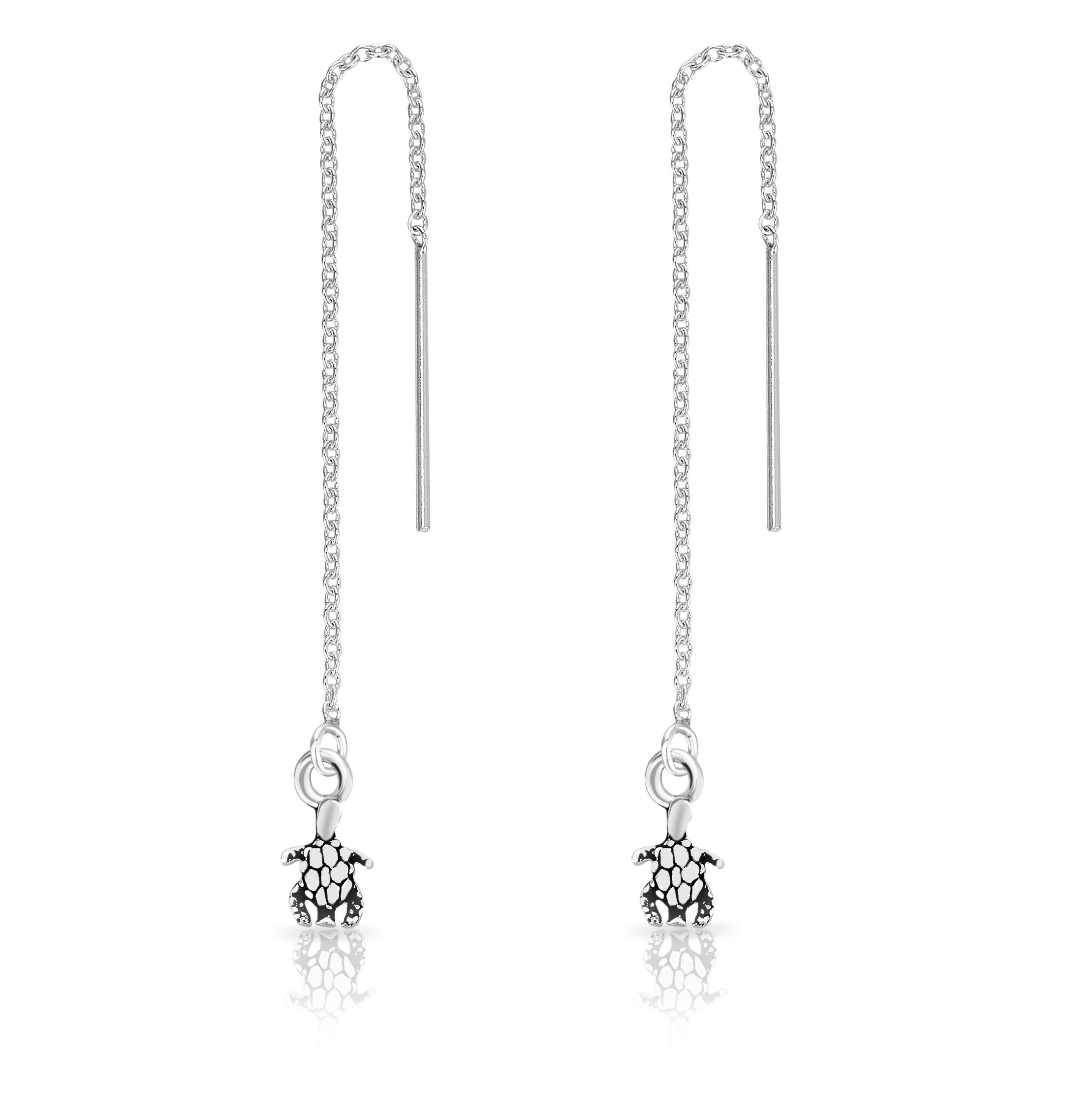 DTPsilver® 925 Sterling Silver Plated Pull Through/Thread Style Drop Chain Earrings and Small Turtle - Length: 75 mm - Turtle Dimension: 5 x 7 mm — image 1