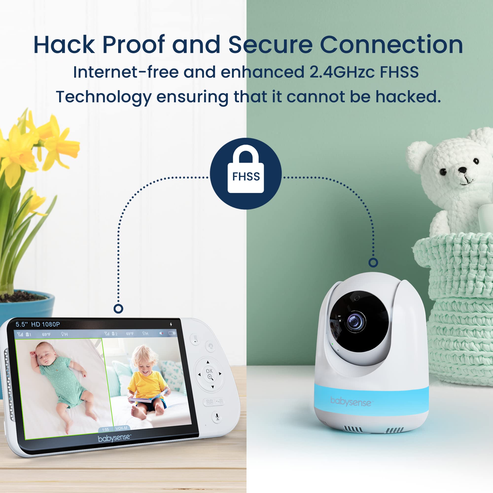 Babysense 5.5” 1080p Full HD Split-Screen Baby Monitor, Video Baby Monitor with 2 Cameras and Audio, 6-Color RGB Night Light, 1000ft Range, Two-Way Audio, 4X Zoom, 5000mAh Battery