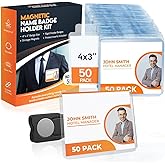 50 Pack of 4x3 Magnetic Name Badge Holders (White Printable Inserts Included) Customizable Magnetic Name Tags for Office, Conventions, School, and Events - Durable and Clear Plastic Name Tag Holder