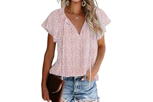 Mansy Women's Casual Floral Print V Neck Ruffle Short Sleeve Summer Shirts Tops Loose Blouses