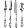 Antique Design Disposable Flatware Set (96 PC) Plastic Silverware Cutlery Set for 24, 24 Spoons, 24 Knives, 48 Forks, Heavy Duty Plastic Utensil Set for Weddings and Events, Baroque Collection, Silver