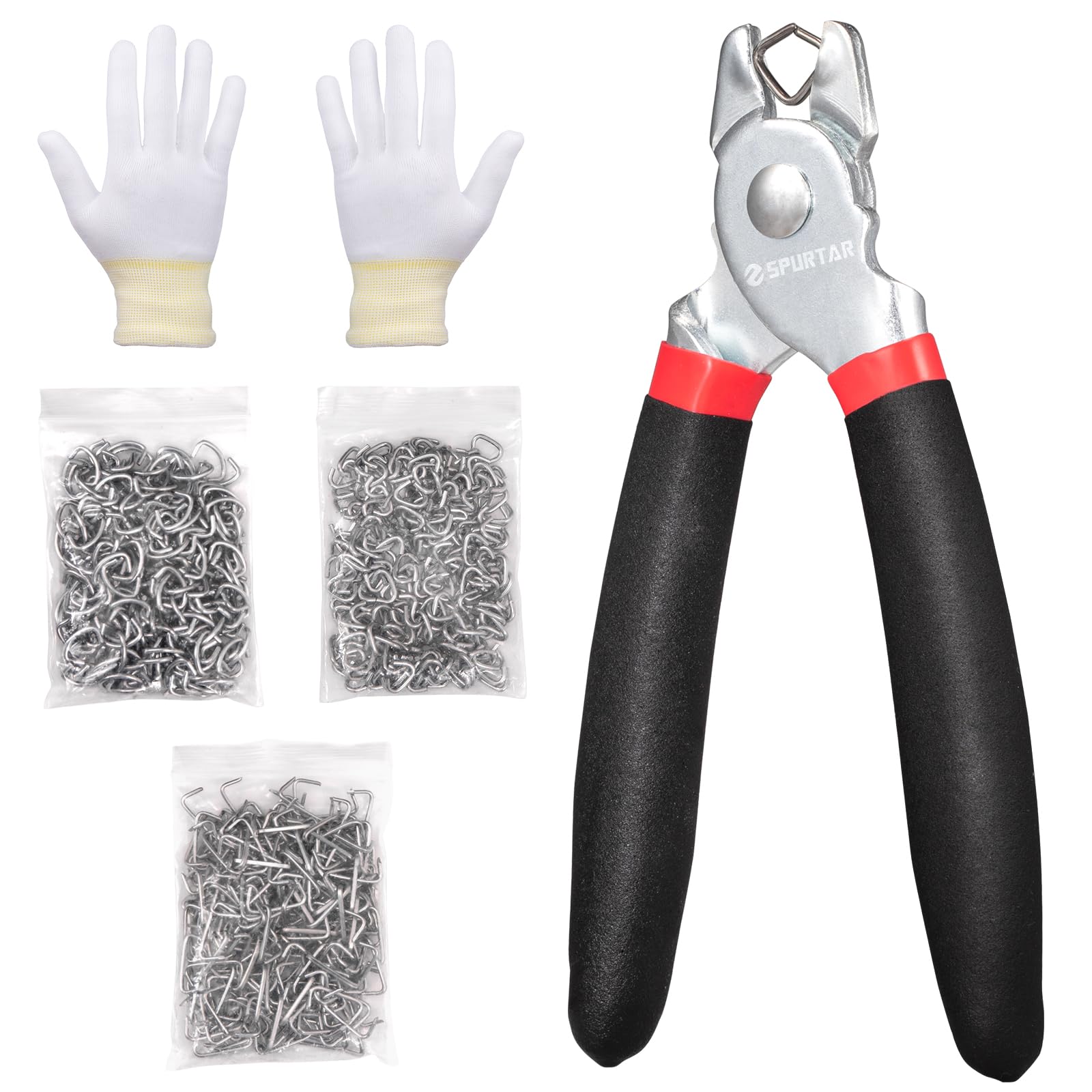 Spurtar Straight Hog Ring Pliers Kit with 360pcs 3/4" 1/2" 3/8" Hog Rings Spring-Loaded A3 Steel for Upholstery Fencing Animal Pet Cages Crafts Bagging Packaging Netting Traps DIY