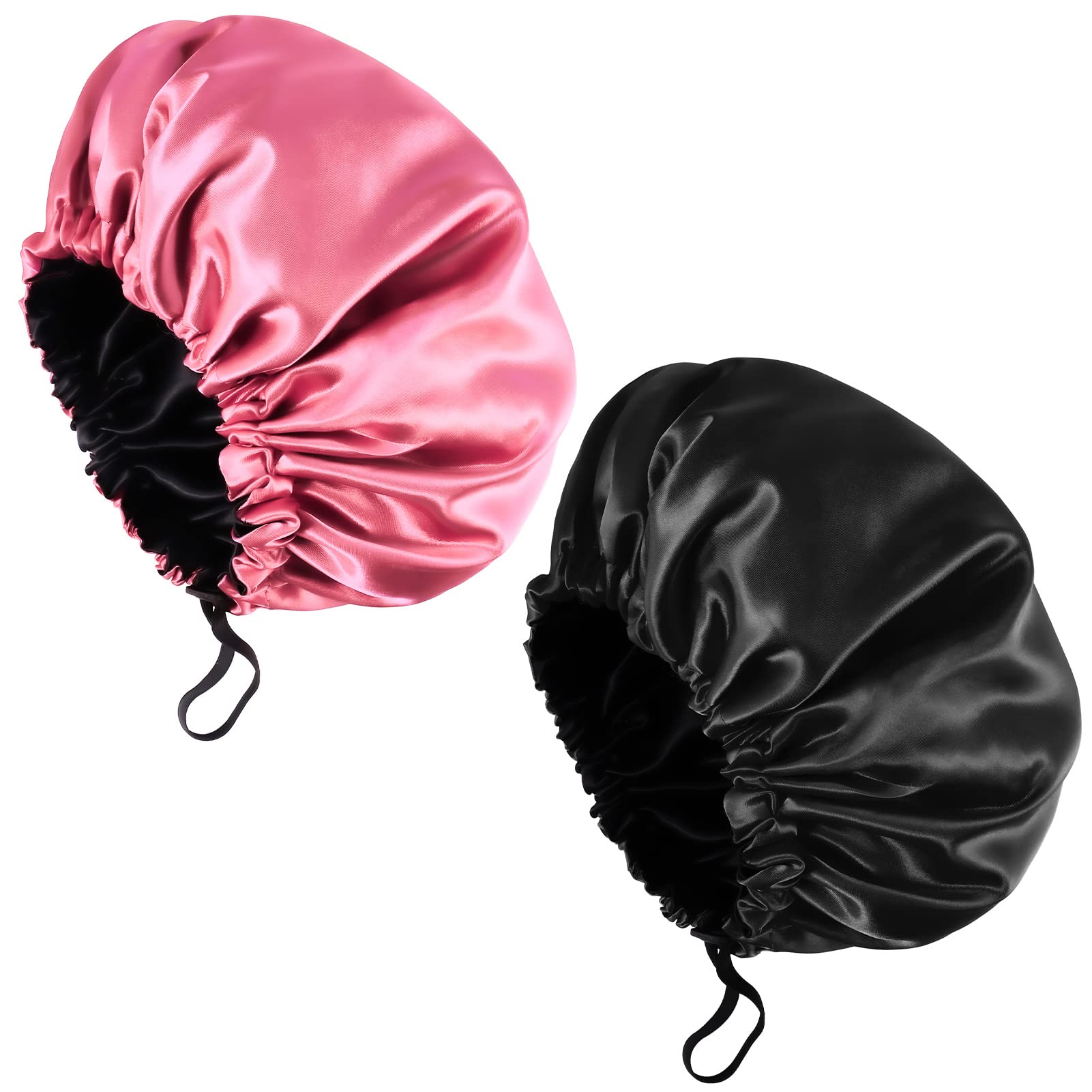 Fuyamp 2 Packs Satin Sleep Cap Shower Cap,Adjustable Silky Sleep Bonnet for Women Long Curly Hair, Double-Sided Waterproof Satin Bath Cap Hair Cap for Women Sleeping Bathing (Black+Pink)