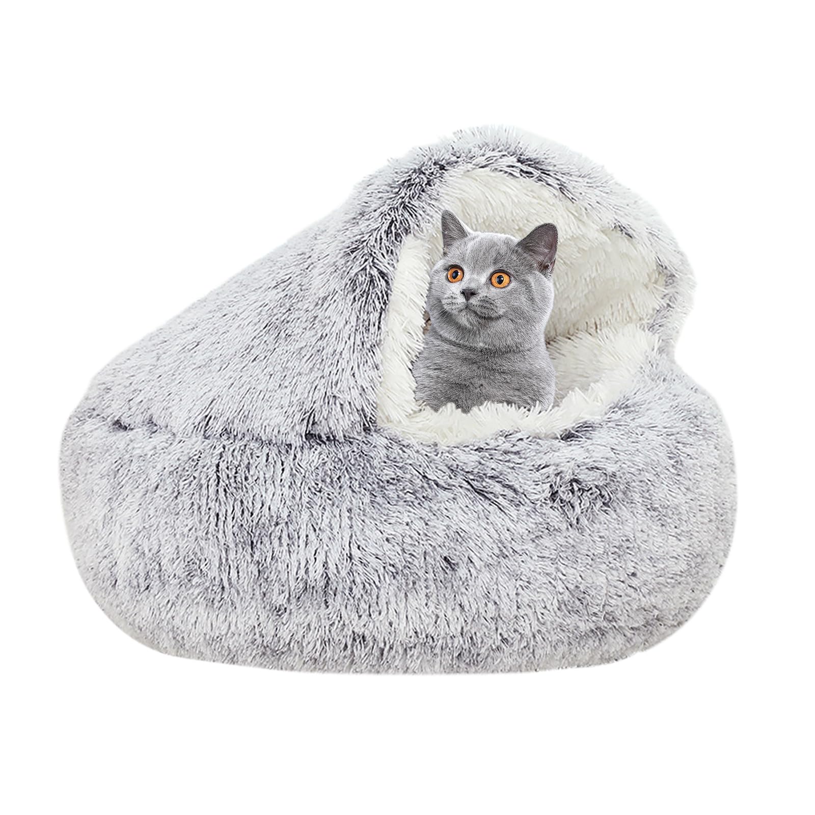 YUDANSI Cat Bed, 40cm Covered Bed for indoor outdoor Cats Calming Down,Burrowing Cat Small Dog Bed with Large Hood for Anti Anxiety, Non-Slip Plush Faux Fur Nest with Ceiling Kitten Puppy Pet Bed