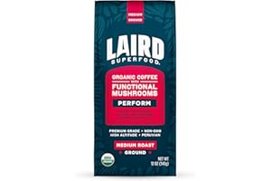 Laird Superfood Peruvian Medium Roast Coffee with Functional Mushrooms, Certified Organic Peruvian Ground Coffee Beans, Gluten-Free, Dairy-Free, Non-GMO, Paleo, Keto Friendly, 12 oz. Bag