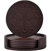 Drink Coasters,PU Leather Bar Beer Beverage Coaster for Drinks Set of 6 with Holder Coasters for Wooden Table Coffee Table Absorbent, Easy Clean Cup Coaster Easter Housewarming Gifts
